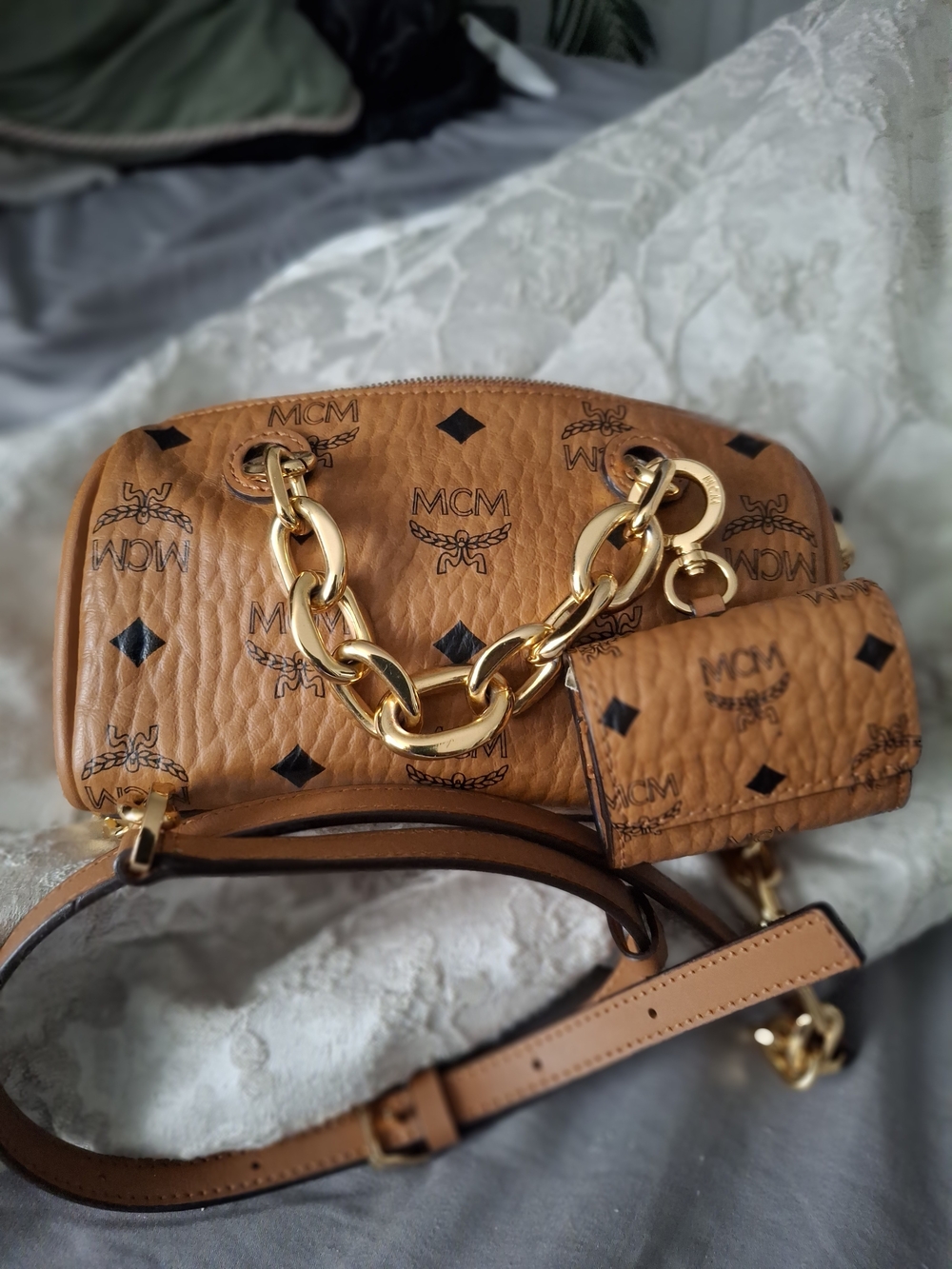 MCM Cognac Visetos Leather Chain Shoulder Bag, Small Coin Purse Attached - Picture 5 of 10